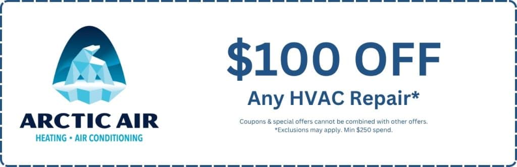 Arctic Air logo next to HVAC repair offer reading "Get $100 Off Any HVAC Repair" with subtext "Min. $250 Spend" — HVAC repair discount, heating and cooling repair coupon, HVAC service promotion, AC and furnace repair savings, Arctic Air HVAC repair special, limited-time HVAC coupon offer near me. Contact us now for HVAC offers, AC repair discounts, furnace repair coupons, air conditioning promotions, HVAC maintenance specials, heating and cooling service deals, HVAC installation discounts, heat pump repair promotions, AC replacement coupons, air conditioner tune-up deals, HVAC system upgrade savings, seasonal HVAC service offers, air conditioning service specials, heating service discounts, energy-efficient HVAC rebates, air conditioner coupons near me, furnace discounts near me, HVAC promotions near me, HVAC repair specials near me, local HVAC service coupons, HVAC replacement offers, emergency HVAC repair discounts, HVAC installation specials near me, Arctic Air service deals.