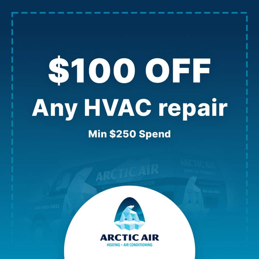 Arctic Air logo next to HVAC repair offer reading "Get $100 Off Any HVAC Repair" with subtext "Min. $250 Spend" — HVAC repair discount, heating and cooling repair coupon, HVAC service promotion, AC and furnace repair savings, Arctic Air HVAC repair special, limited-time HVAC coupon offer near me. Contact us now for HVAC offers, AC repair discounts, furnace repair coupons, air conditioning promotions, HVAC maintenance specials, heating and cooling service deals, HVAC installation discounts, heat pump repair promotions, AC replacement coupons, air conditioner tune-up deals, HVAC system upgrade savings, seasonal HVAC service offers, air conditioning service specials, heating service discounts, energy-efficient HVAC rebates, air conditioner coupons near me, furnace discounts near me, HVAC promotions near me, HVAC repair specials near me, local HVAC service coupons, HVAC replacement offers, emergency HVAC repair discounts, HVAC installation specials near me, Arctic Air service deals.